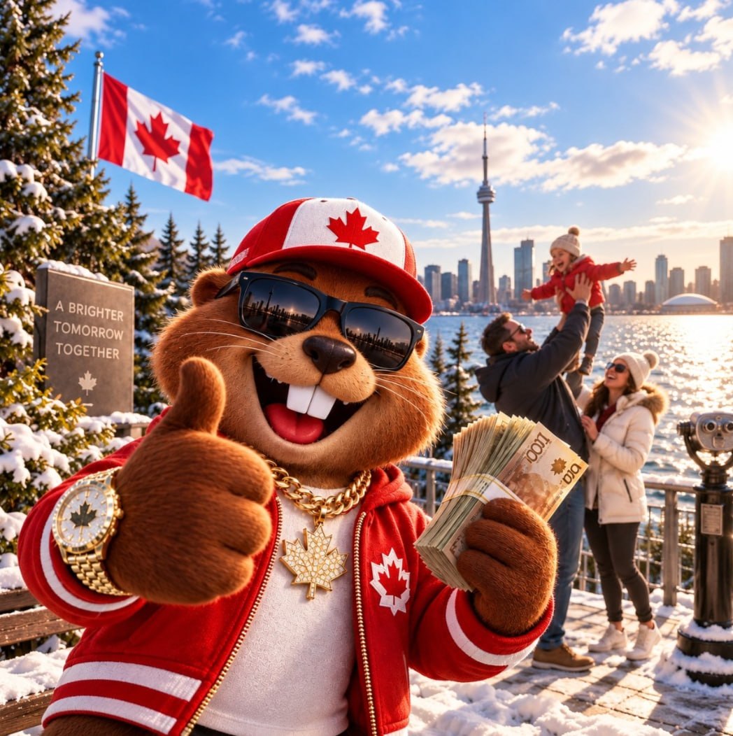 Supplied image of a beaver mascot holding Canadian banknotes